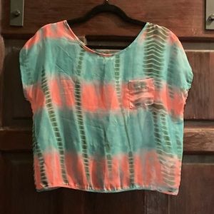 Tie dye look sheer crop top, pink, teal, black medium